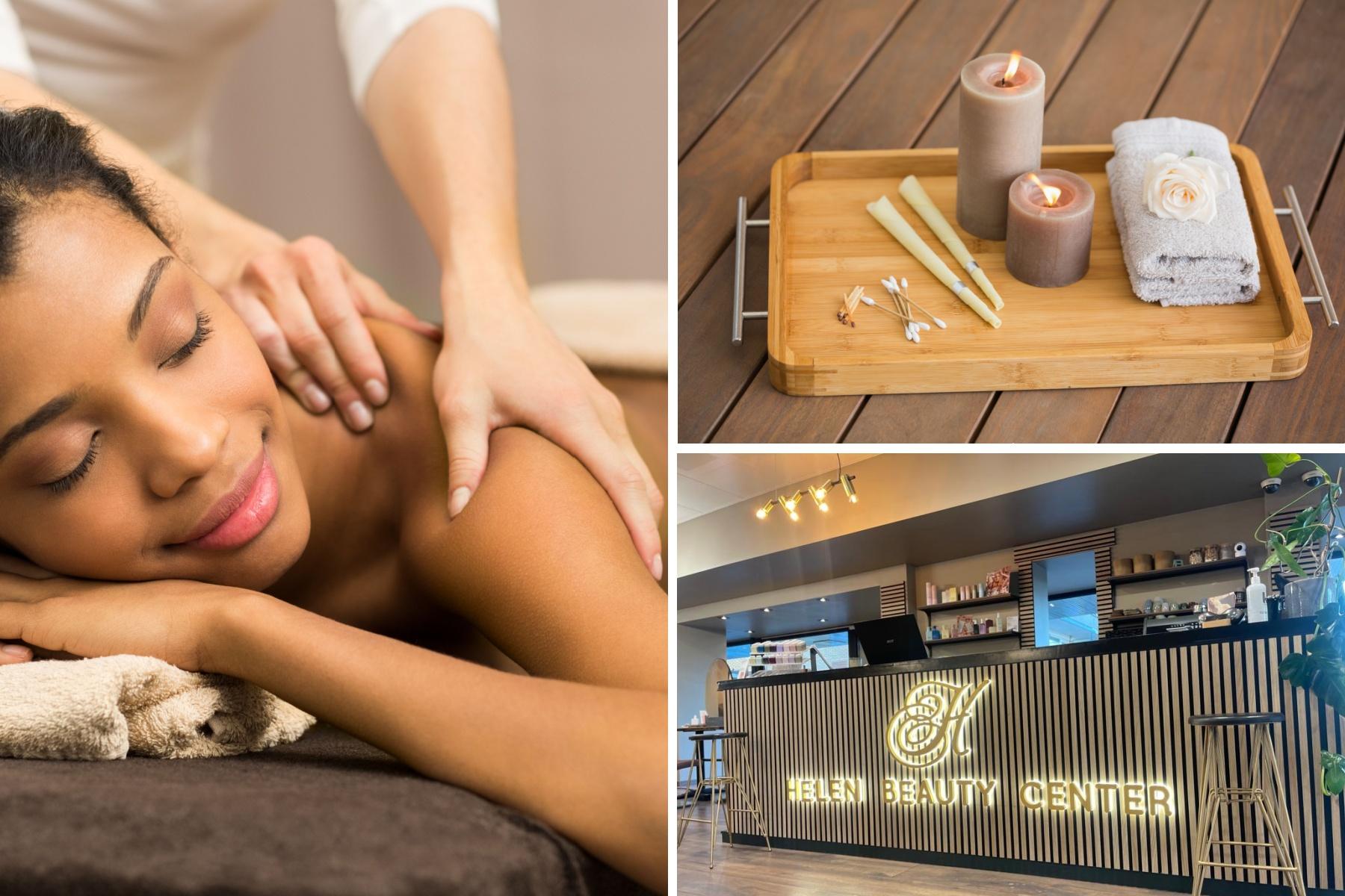 Massage (45 min.) + evt. oorkaarstherapie en hoofdmassage bij Helen Beauty Center