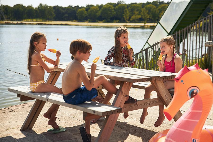 Kinderen met een ijsje aan een picknicktafel
