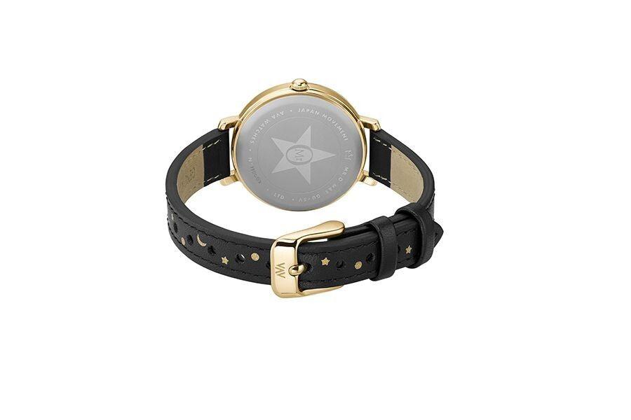 Zwart met goud horloge dat is versierd met manen en sterren achteraanzicht