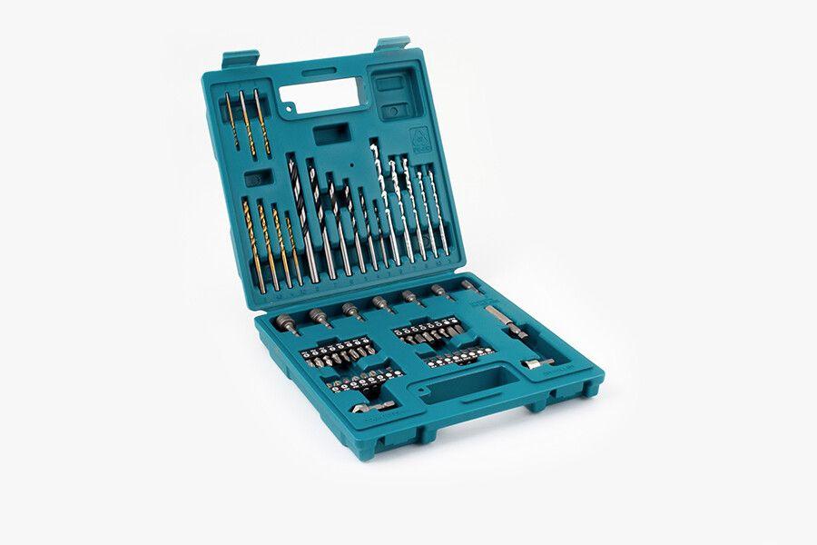 Een open blauwe koffer met verschillende bits en boren