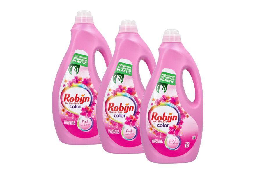 3 roze flessen Robijn vloeibaar wasmiddel